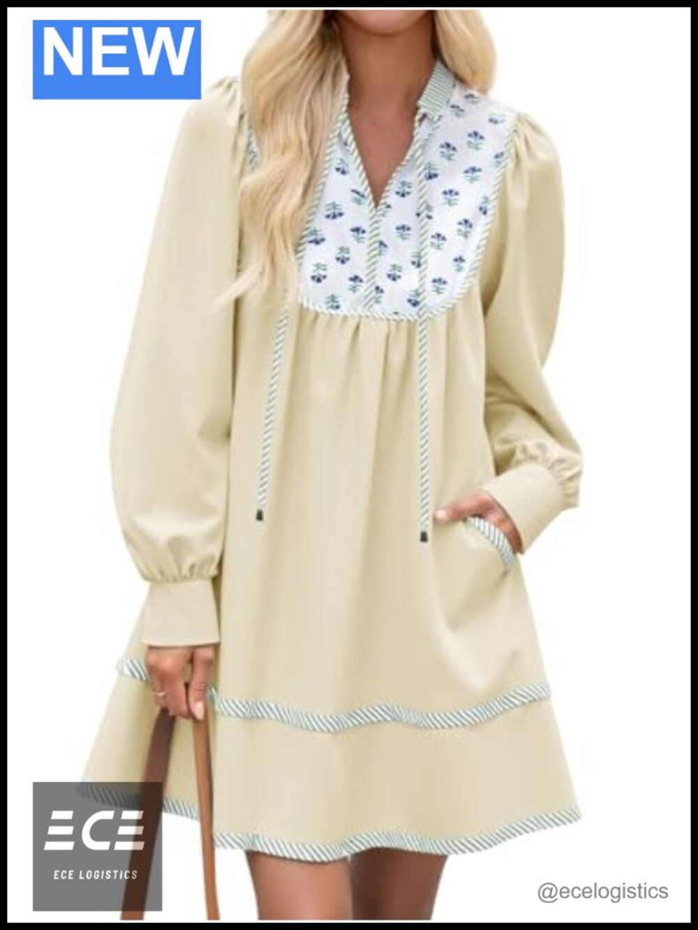 Wenrine Womens Floral Mini Dress Long Sleeve Patchwork Boho Casual